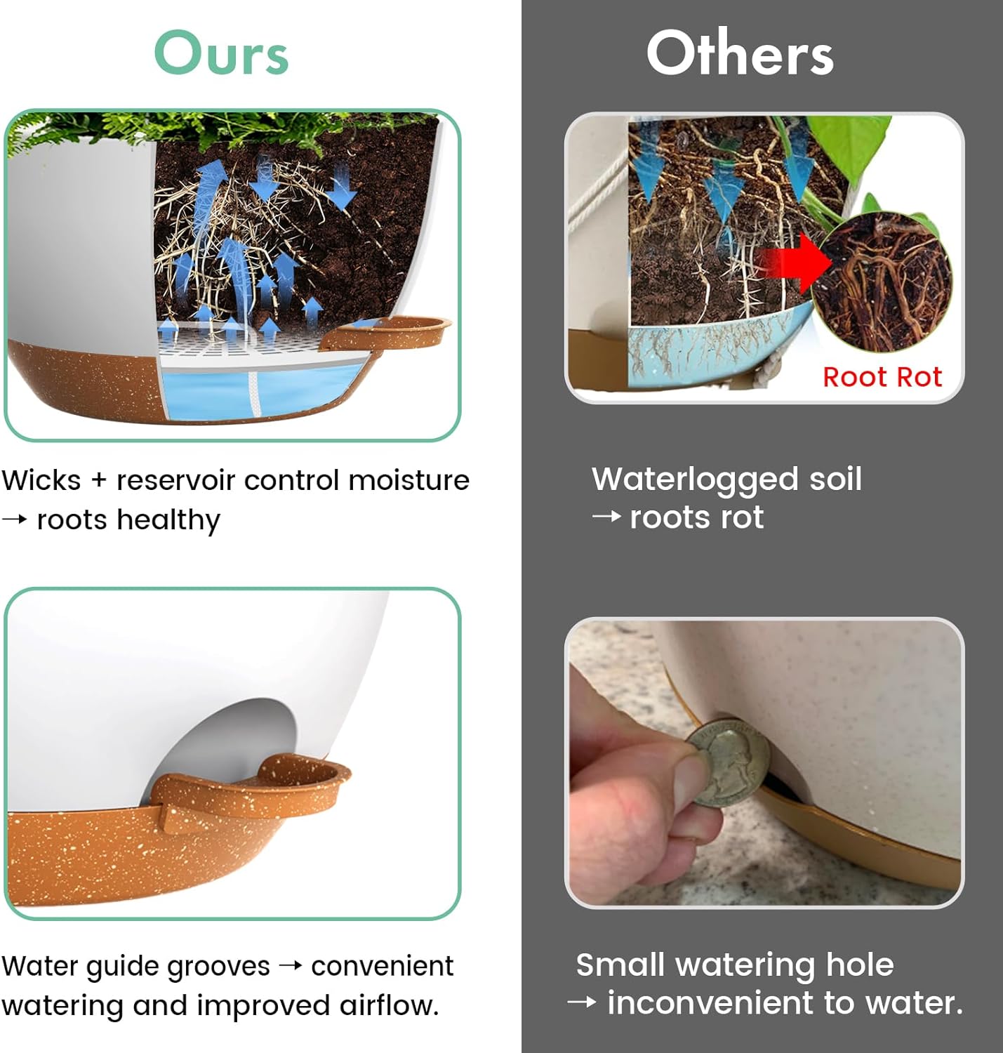 13 Inch 2 Pack Large Self Watering Hanging Planters for Indoor Outdoor Plants, Hanging Plant Pots with Removable 50 Oz Reservoir, Plastic Hanging Basket for Window Porch Garden, White with Brown