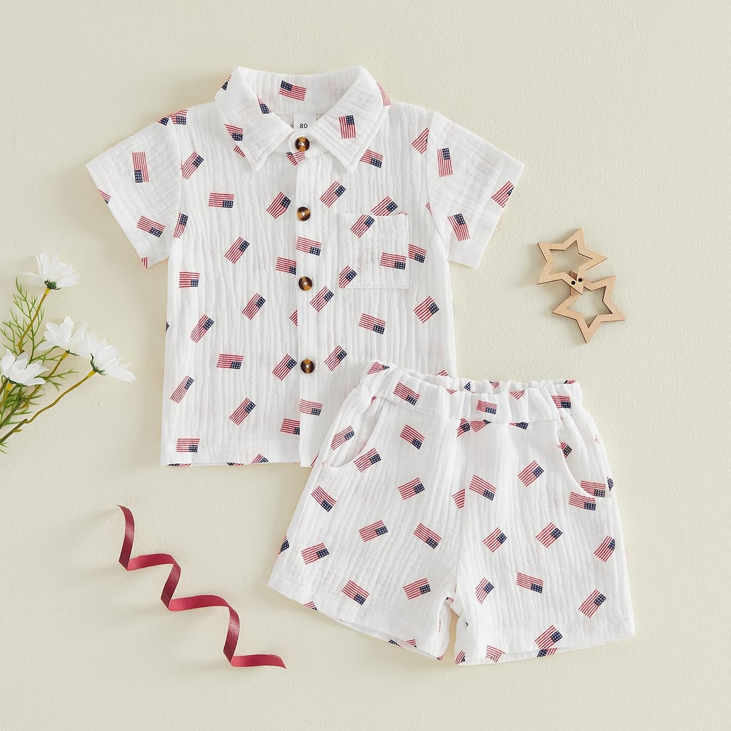 4th of July Toddler Baby Boy Outfit American Flag Button Down Short Sleeve Muslin Shirt Top and Shorts Set