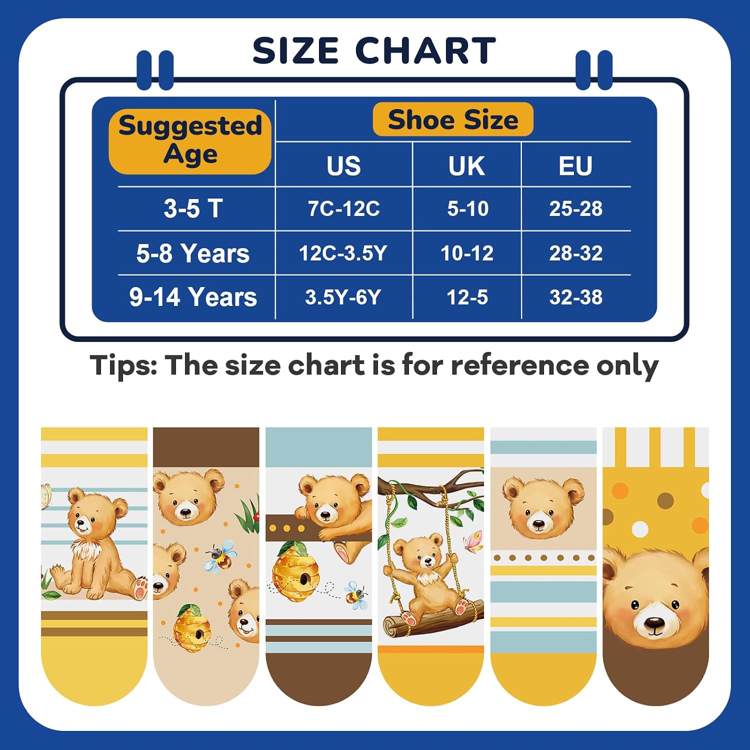 6 Pairs Kids Boys Socks Funny Cartoon Bear Yellow Brown Breathable Crew Sock