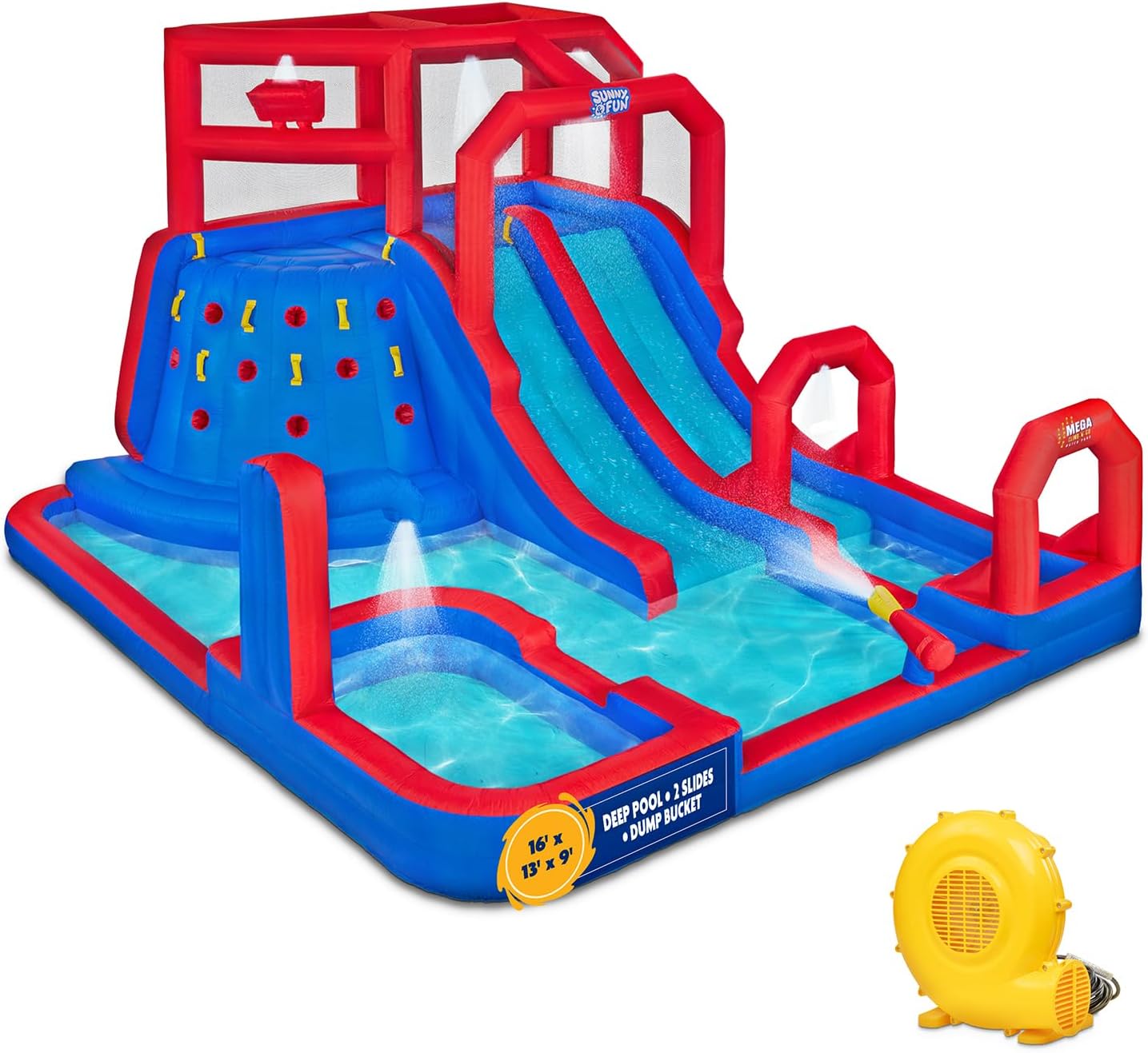 Sunny & Fun Mega Climb N’ Go Inflatable Water Slide Park – Heavy-Duty for Outdoor Fun - Climbing Wall, 2 Slides & Deep Splash Pool – Easy to Set Up & Inflate with Included Air Pump & Carrying Case