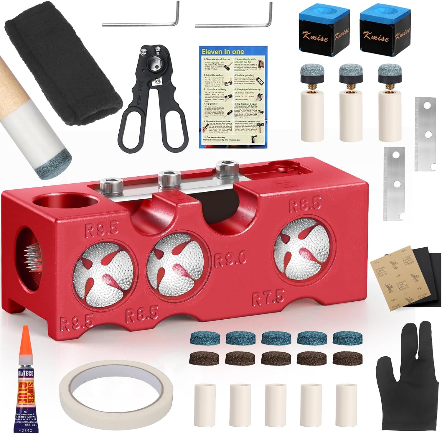 Kmise Cue Tip Replacement Tool Set - Portable Billiard Cue Tip Shaper, Multifunctional Aluminum Alloy Pool Cue Tip Repair Tool, Complete Accessories (Red)