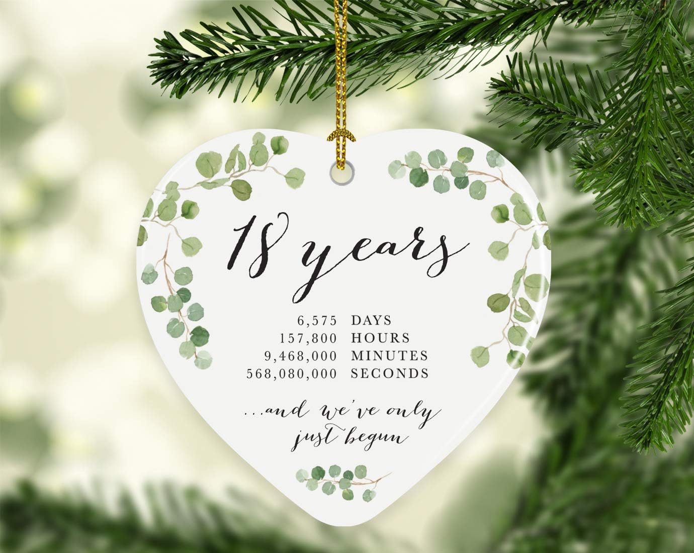 Andaz Press Heart Porcelain Ceramic 18th Wedding Anniversary Christmas Tree Ornament Gift, 18 Years, 6575 Days, 157800 Hours, 9468000 Minutes, 568080000 Seconds, 1-Pack, Inc Gift Box