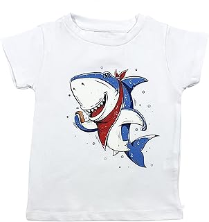 تيشرت قطن ابيض برسومات شارك, أزرق , للأطفال من الجنسين