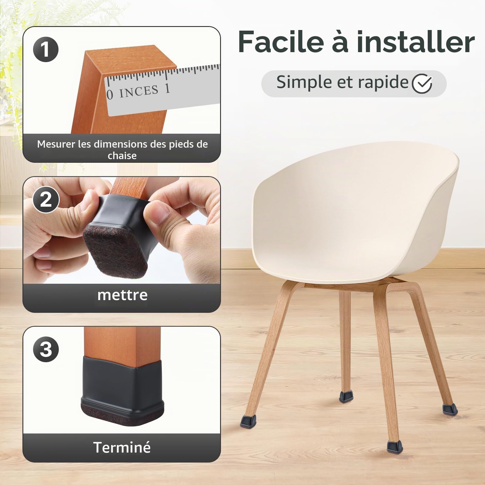 16 Pièces Protection Pied de Chaise, Protection Rectangulaires en Feutre pour Pieds de Chaise, Tampon Chaise Silicone Noir avec Marron Patins en Feutre pour Les Sols en Bois Dur