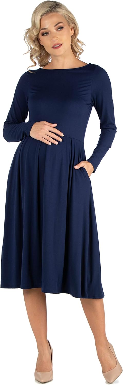 24seven Comfort Apparel Midi Length Fit N Flare Pocket Maternity Dress