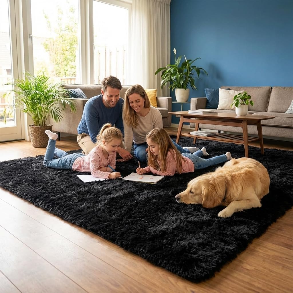 Mugorn Black Area Rugs 9x12 Living Room, Large Fluffy Rugs for Bedroom, Soft Carpet Shag Kids Room Rug, Non-Slip Fuzzy Rugs Indoor (9ft x 12ft, Black)