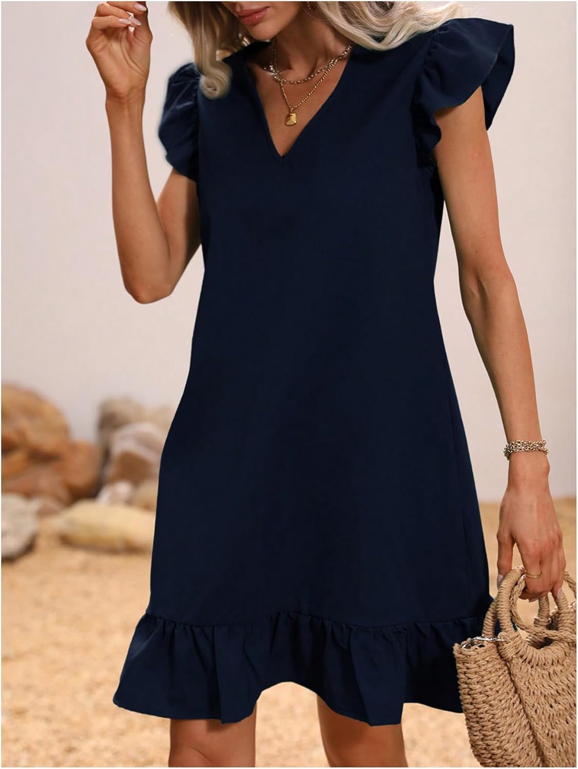 SOLY HUX Summer Dresses for Women V Neck Cap Sleeve Ruffle Hem Smock Short Dress - Image 3