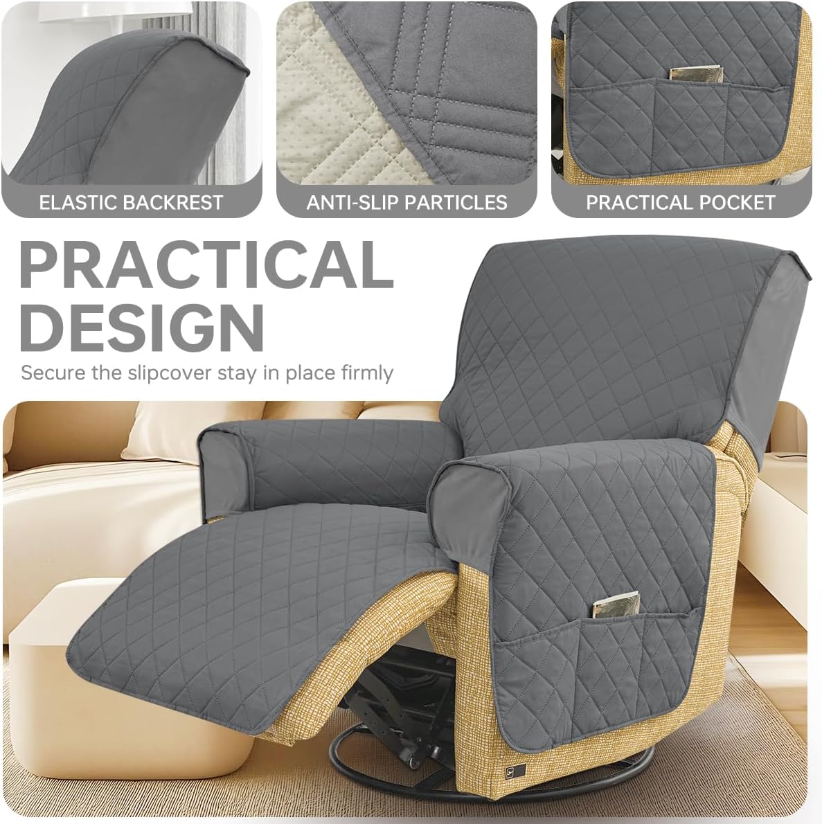 100% Waterproof Recliner Chair Covers,1-Piece Couch Covers for Reclining Chair/Sofa Covers Washable Furniture Protector with Elastic Straps Pocket for Kids, Pets (Dark Grey)