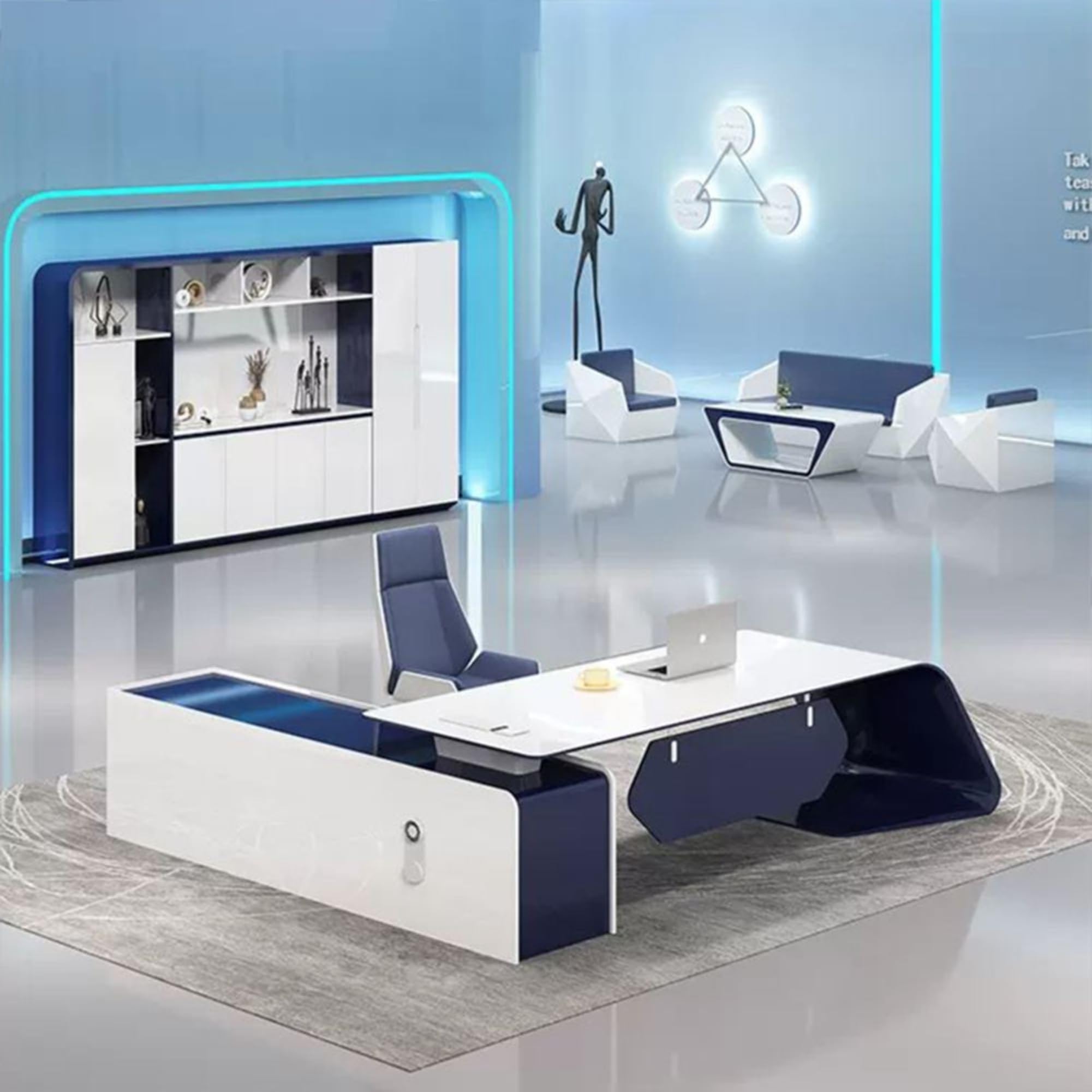 Moderner Schreibtisch mit linkem Schrank, hochglänzender L-förmiger Chef-Schreibtisch, Manager-Arbeitsplatz für CEO, Präsident oder Homeoffice (Stühle nicht enthalten) Left Cabinet 200cm/79in