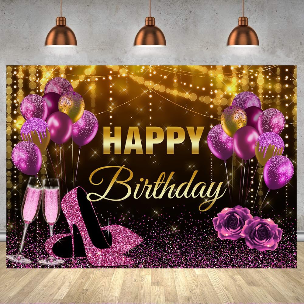 Avezano Black Gold Birthday Backdrop For Adult Men Woman Party Decorations Surprise Balloon Champagne Glitter Black And Gold Happy Birthday Party Banner Photoshoot Photography Background (7x5ft - View #4
