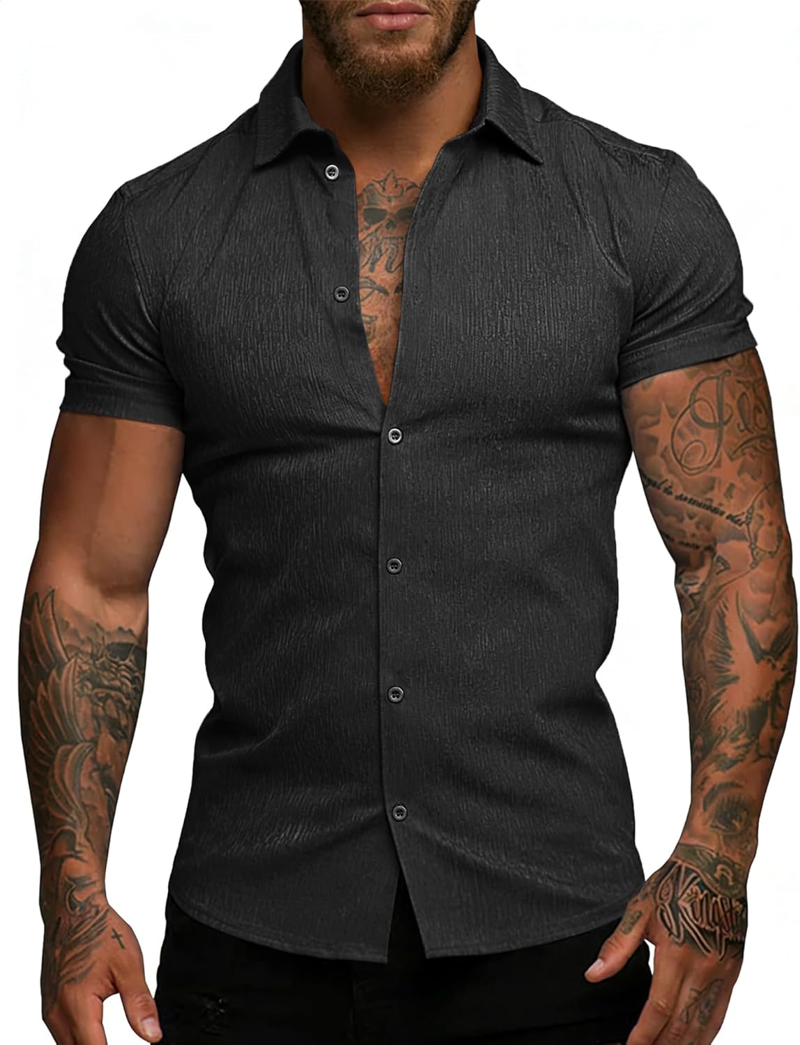 URRU Men's Muscle Dress Shirt Short Sleeve Casual Stretch Wrinkle-Free Button Down Textured Summer Beach Shirt