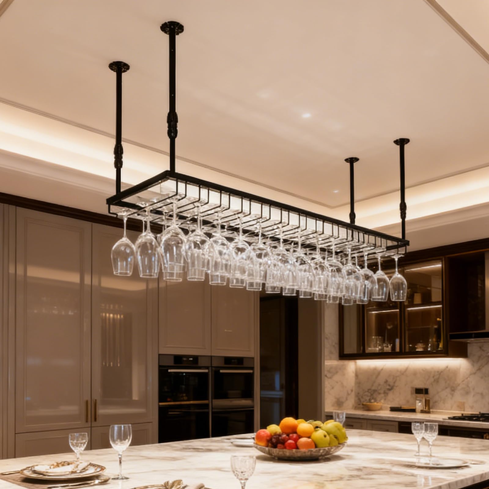 Mensole Sospese Soffitto Alto 30-60cm Regolable Nero 120cm | Portabicchieri Sospeso Metallo, Porta Calici Sospesi Salvaspazio per Sala da Pranzo Home Bar/ Cucina (bk, 120x40x(30-60) cm)