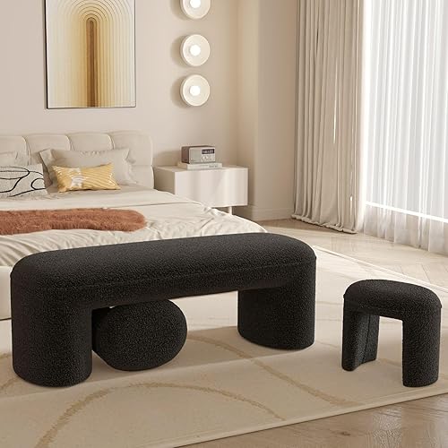 Juego de banco otomano anidado de 3 piezas, banco tapizado de 53 pulgadas de largo con 2 taburetes de pies de 15 pulgadas, banco arqueado moderno de