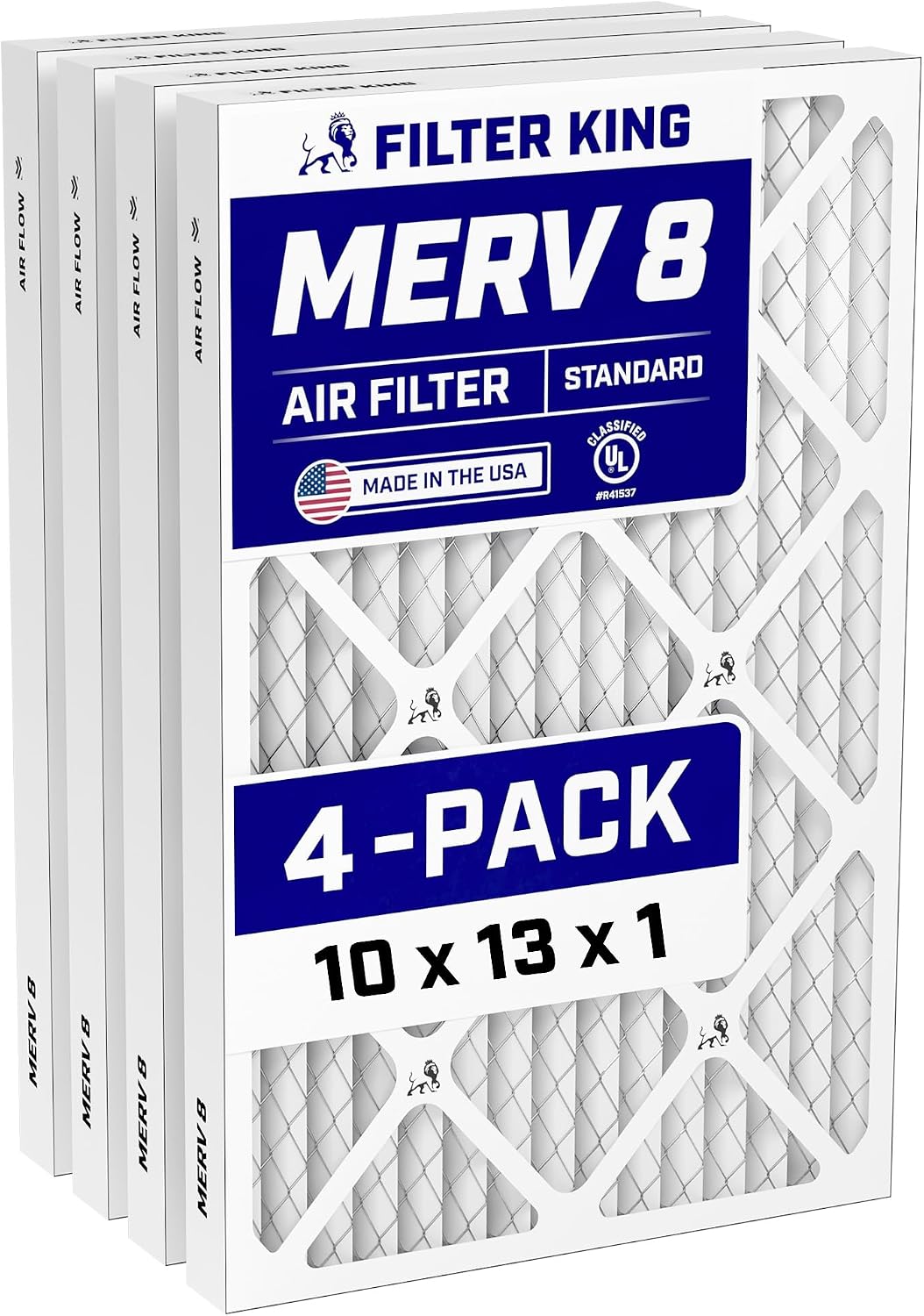 Filter King 10x13x1 Air Filter (MERV 8) (4-Pack) Dust & Allergy Control AC Furnace Filters, MADE IN USA, HVAC, Pleated, Electrostatic (Actual Size: 10 x 13 x .75)