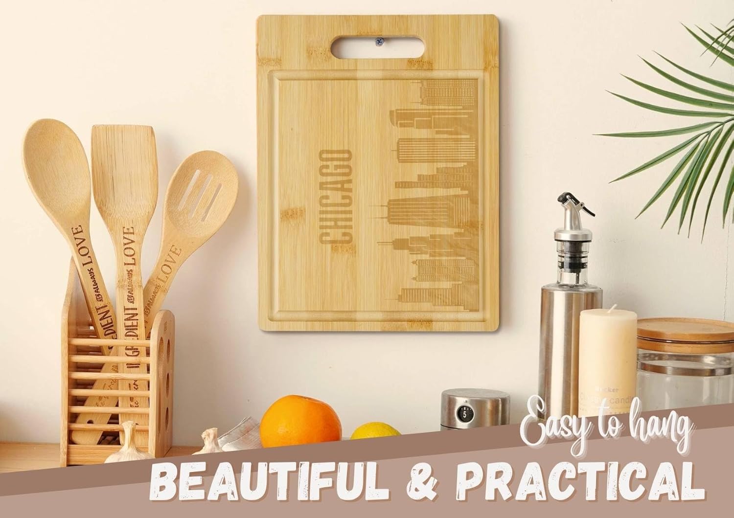 Chicago City Skyline Gifts Bamboo Cutting Board with Wooden Spoon Chicago Lovers, Skyline Map Kitchen Gift for Christmas, Mother's Day - 11.4 x 8.6