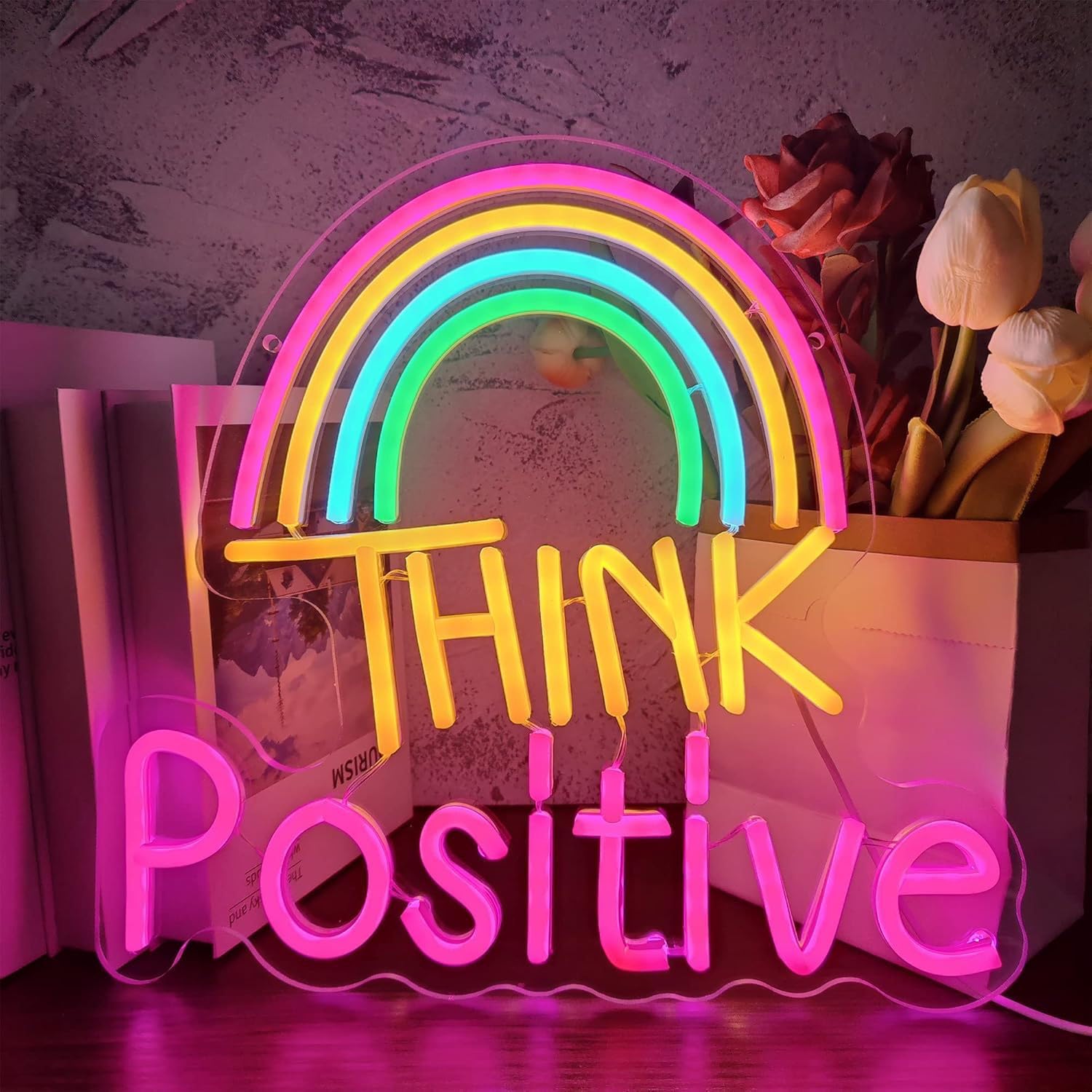 Think positive LED Neon Signs for Wall Decor Neon Wall Art Acrylic LED Lights with Hanging Chain Light Up Signs for Bedroom Decor Man Cave Bar Pub Wedding Party 5V USB Operated Dimmable — image 1