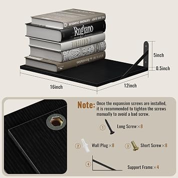 Black Deep Floating Shelves for Wall, 16 W x 12 D Wood Shelf Set of 2, Bookshelf Wall Mounted Hanging Shelves for Living Room, Kitchen, Office, Bathroom and Bedroom Decor