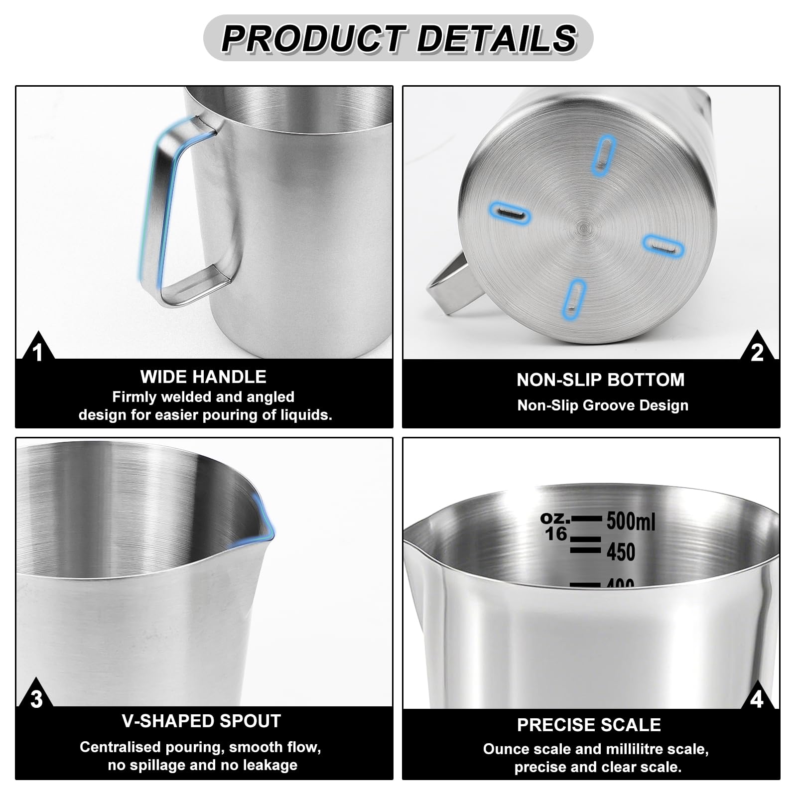 Forgast Pichet Doser | Roestvrij staal | Capaciteit 500 ml | Cup om met handvat te meten | Pichet om te meten | Milliliter Scale | Perfect voor het meten van vloeistoffen
