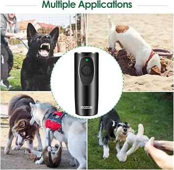 MODUS Ultrasonik köpek havlama caydırıcı cihaz, köpekler için havlama önleyici cihaz, kabuk kontrolü aralığı 16,4 m, köpek eğitmeni, bilek kayışı, pil dahil, LED gösterge, iç ve dış mekan