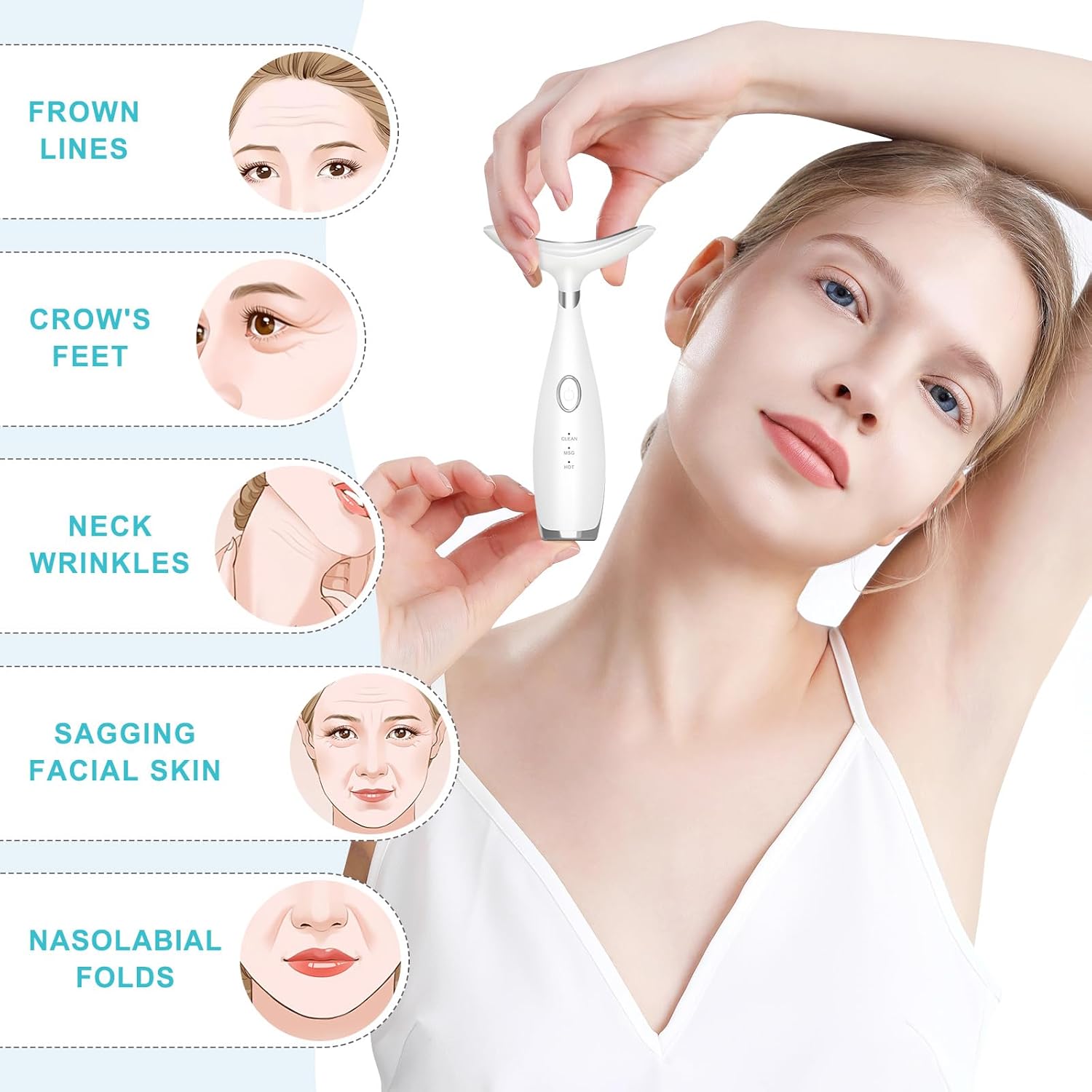 Neck Face Beauty Device, Skin Care Face Massager, 3 in 1 Facial Massage Tool with Heating & Vibration, White