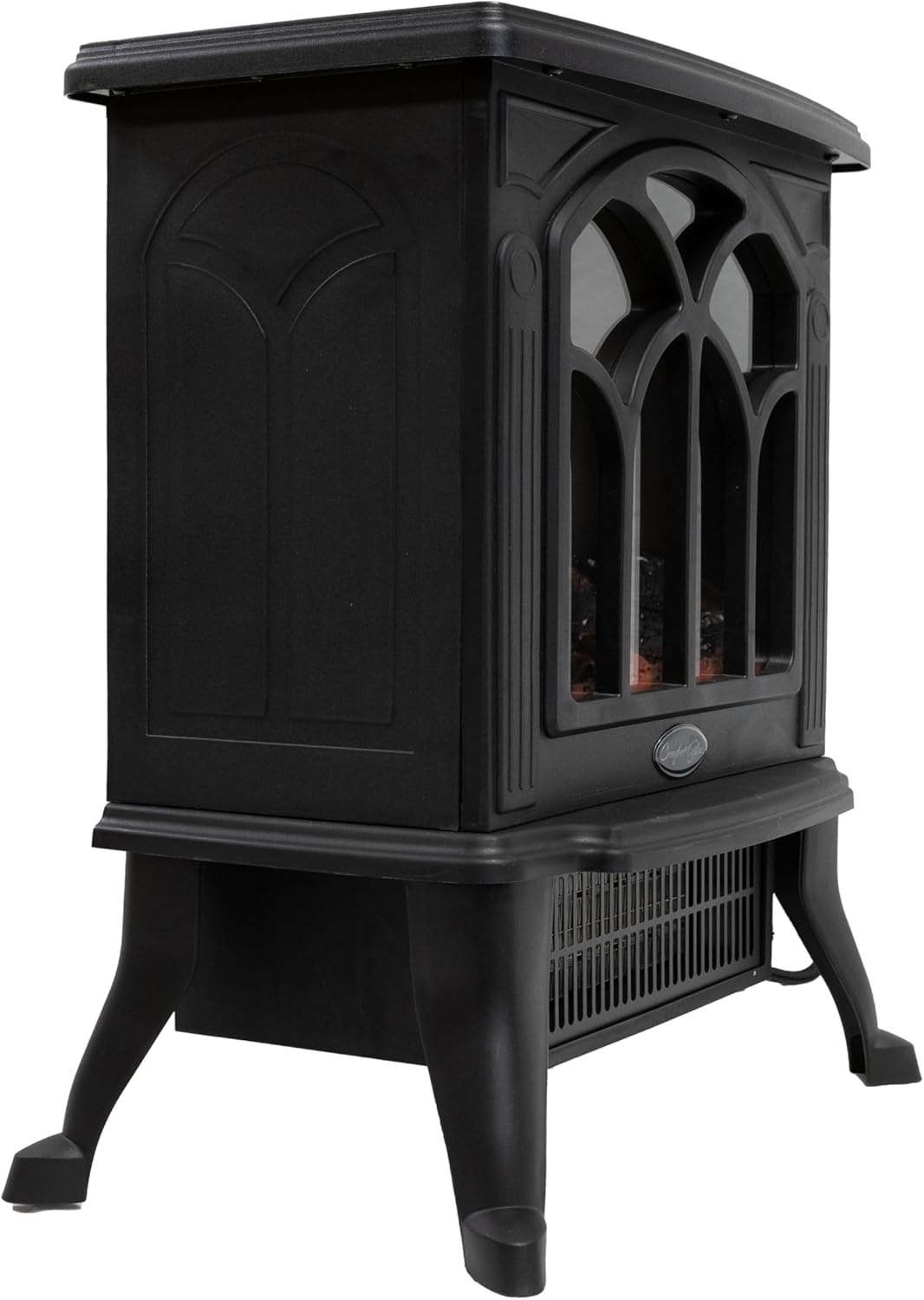 Comfort Glow Sanford™ Freestanding Electric Fireplace Stove Heater with 3D Flame Effect Heats Up To 750 Sq Ft Room, Quartz, 5,000 BTU, 750/1500W, Built-in Thermostat, Black