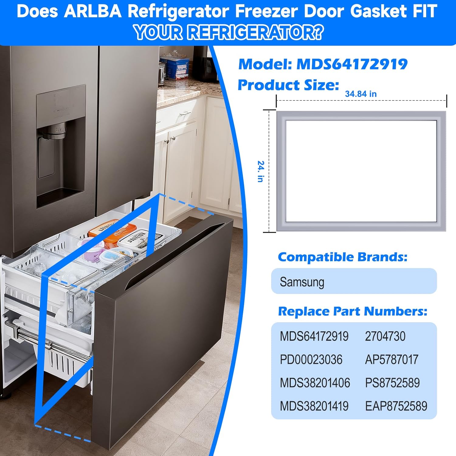 Upgraded 34.84"x 24.2" MDS64172919 Refrigerator Freezer Door Gasket Compatible with LG and Kenmore Freezer Seal MDS38201406 MDS38201419 2704730 AP5787017 PS8752589 EAP8752589 Refrigerator Gasket Gray