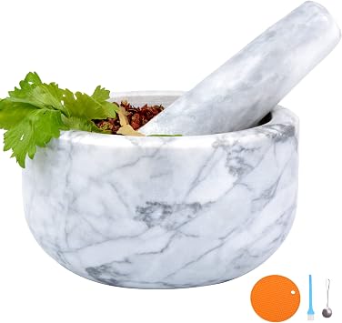 Mortar and Pestle Set Polished Natural Marble Stone Guacamole Molcajete Bowl with Base Silicone Pad,Matching Stainless Spoon and Matching Small Brush Large, White Gray