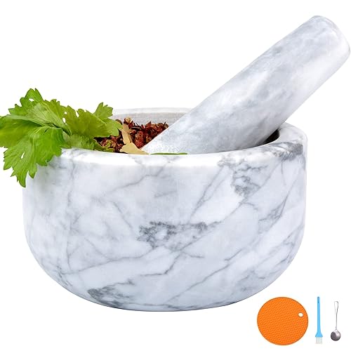 Juego de mortero y maja de piedra de mármol natural pulida cuenco de guacamole molcajete con base de silicona cuchara de acero inoxidable a juego y