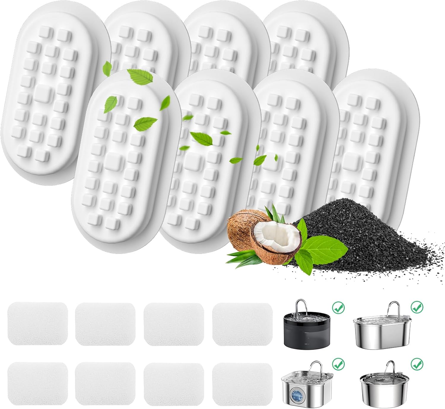 Cearmic Cat Water Fountain Filters, 8 Pack Replacement Filters & 8 Pack Replacement Sponges Set for MISFANS and Other Automatic Pet Fountain Water Dispenser