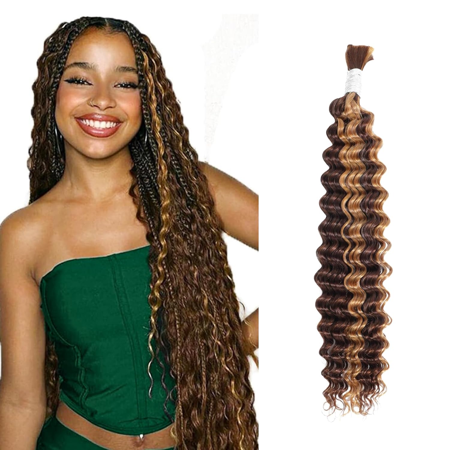 Braiding Hair Honey Blonde Highlight Deep Wave Bulk Human Hair For Braiding 100g,Unwefted 12A Virgin Ombre Human Hair Bundles Wet and Wavy Curly Micro Braiding Hair For Boho Knotless Braids 18in