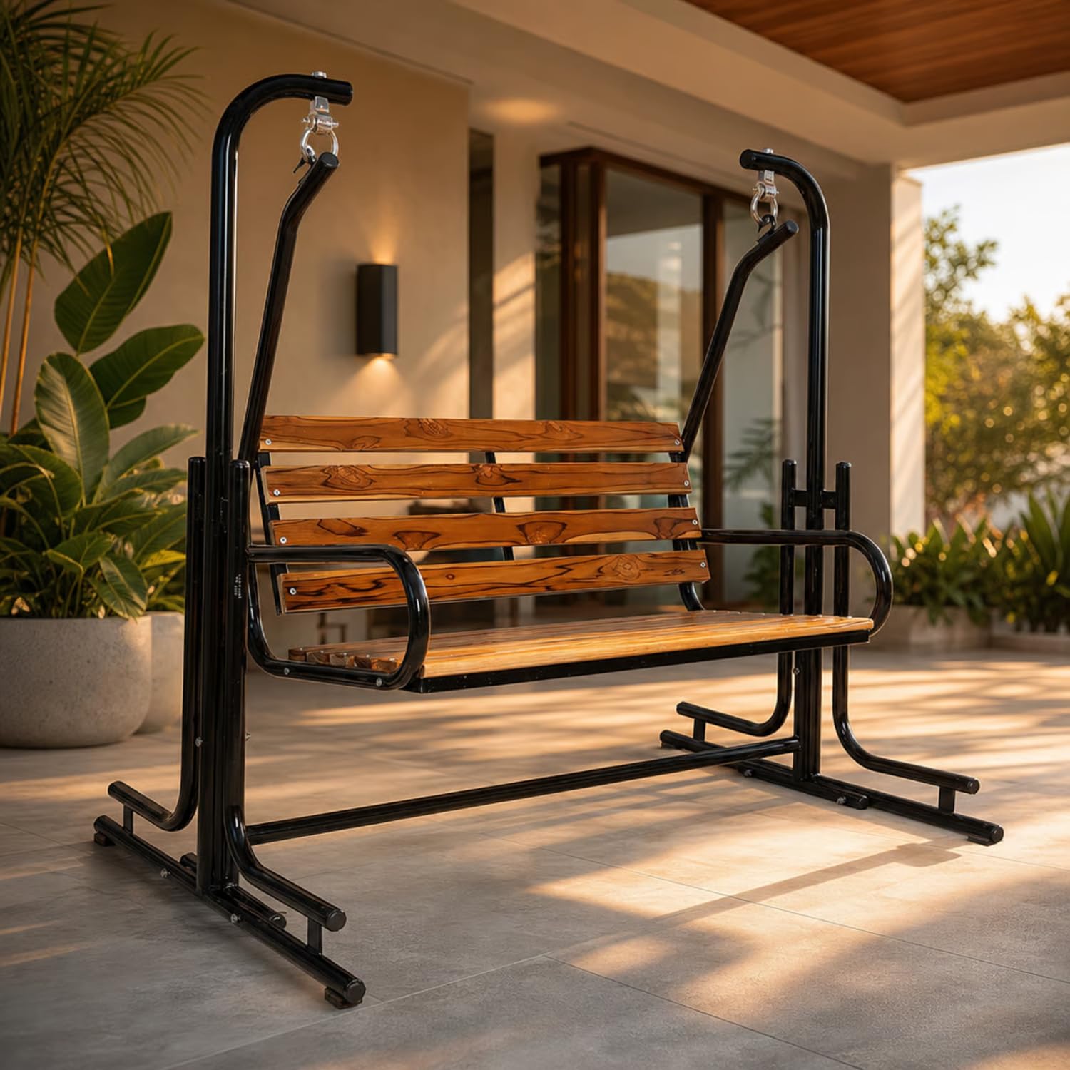 Kaushalendra 2-Seater Swing Jhula Indoor/Outdoor - Wooden Seat, 300 Kg Capacity with Iron Swing Frame (107 cm)-picture-1