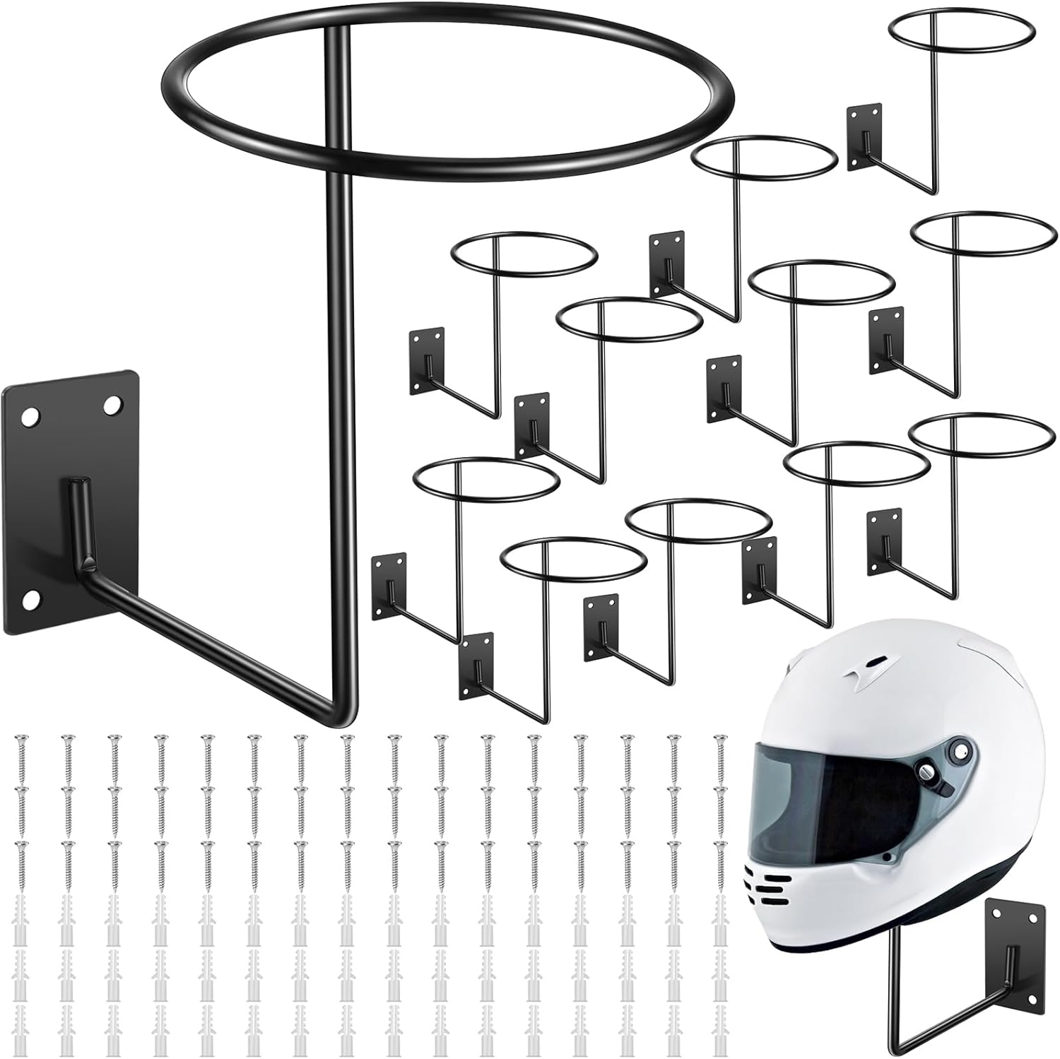Potchen 12 Pack Helmet Hanger Wall Mount Motorcycle Helmet Rack Metal Ball Holder for Basketball Volleyball Football Multifunctional Display Hook Stand for Cap Hat Wig Riding Jacket Coat