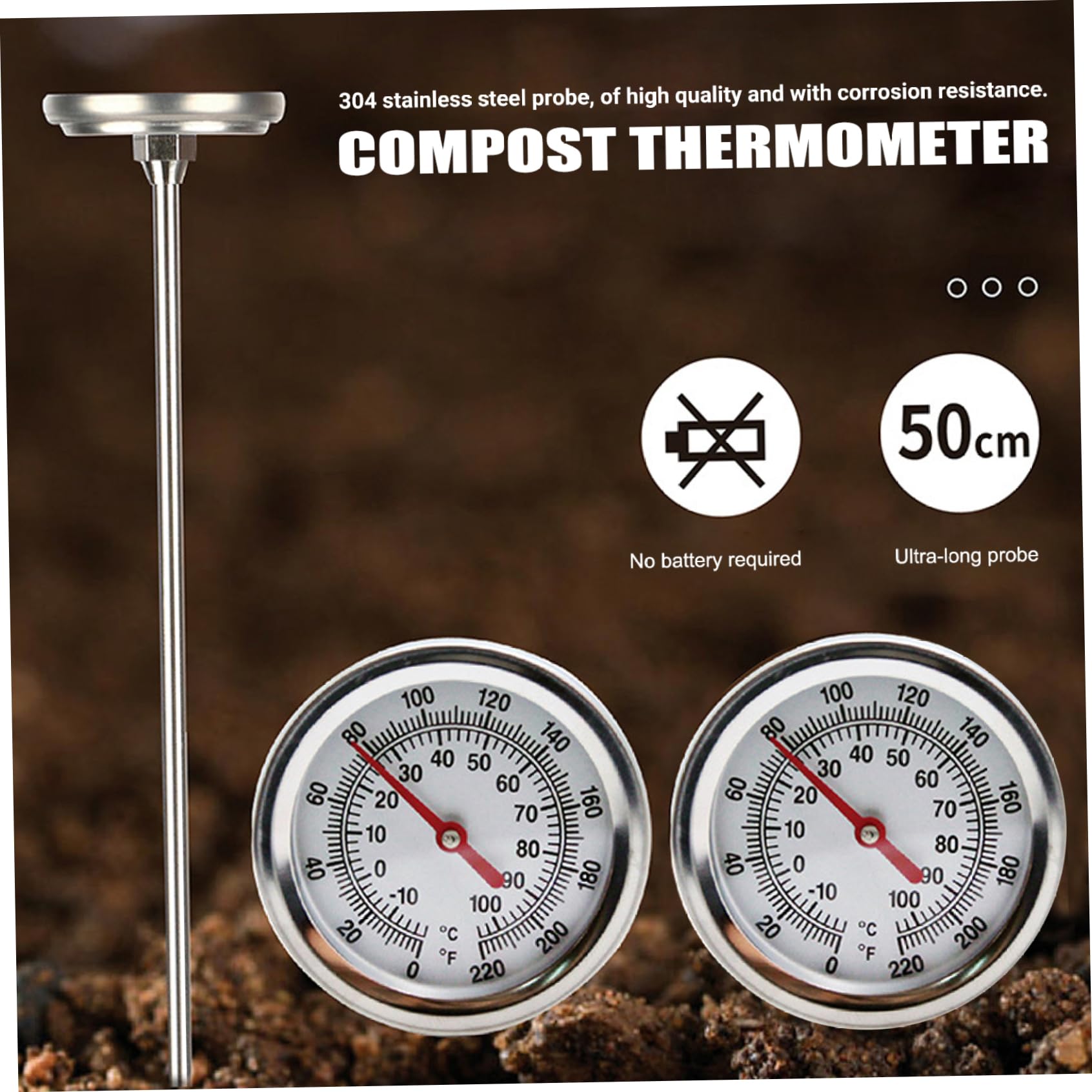Termometro per compost, Termometro per terreno portatile in acciaio inossidabile con quadrante da 2 pollici con stelo da 20 pollici per terreno, compost, giardino