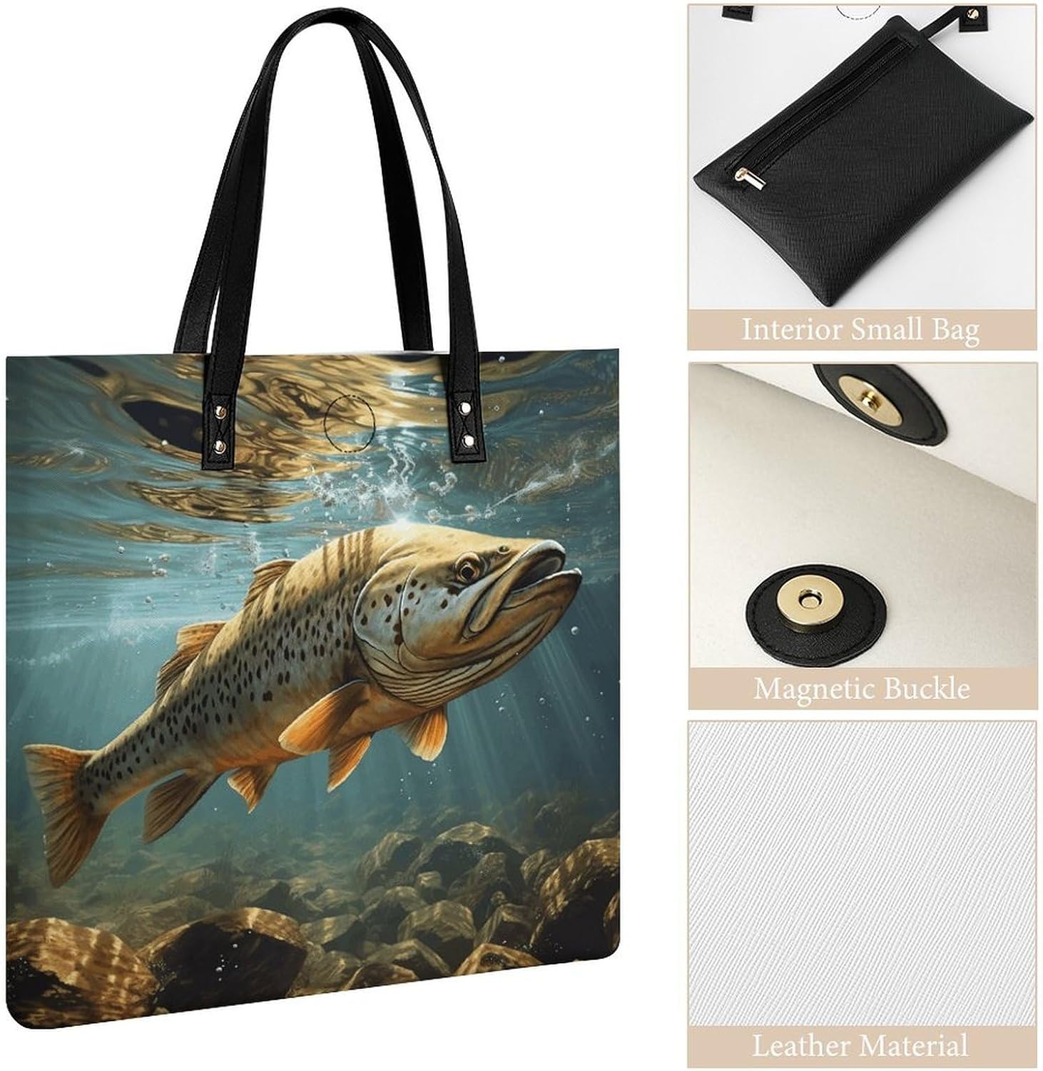 Fly Fish Tote Bag with Magnetic Buckle Reusable Grocery Bags Lightweight Cross Body Handbag for Daily Essentials