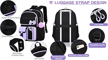 JiaYou Little Girls' School Students Book Bag Outdoor Daypack Backpack with USB Charging Port (Black Blue, 23 Liters)
