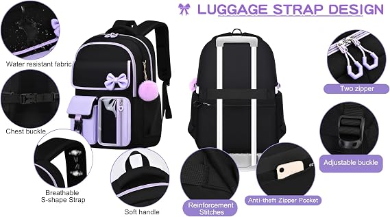 JiaYou Little Girls' School Students Book Bag Outdoor Daypack Backpack with USB Charging Port (Black Blue, 23 Liters)