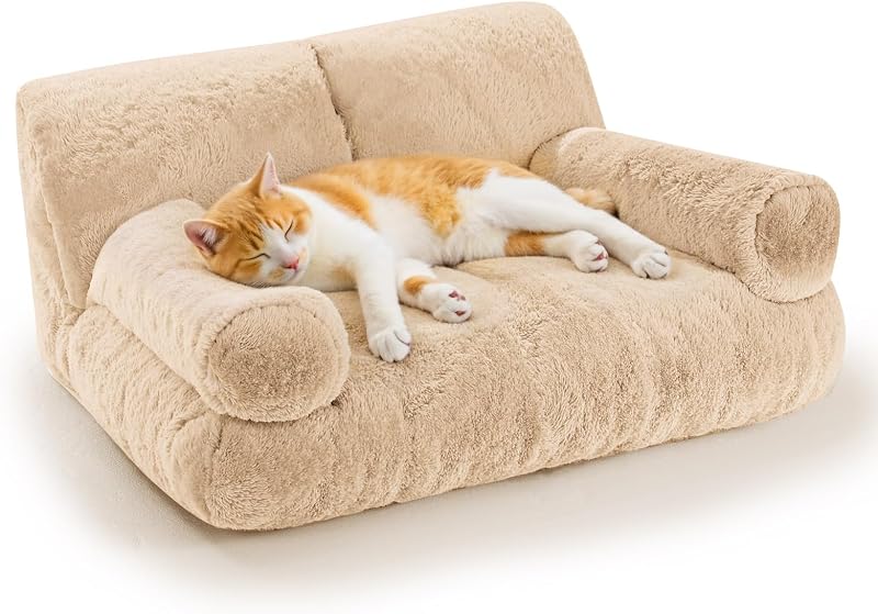 Gimars Large Cat Bed for Indoor Cats, Teak Milk Color | 10% More Stuff Sponge, Orthopedic Pet Couch with Bolstered Edges, Fluffy Washable & Removable Cover, Anti Slip Base