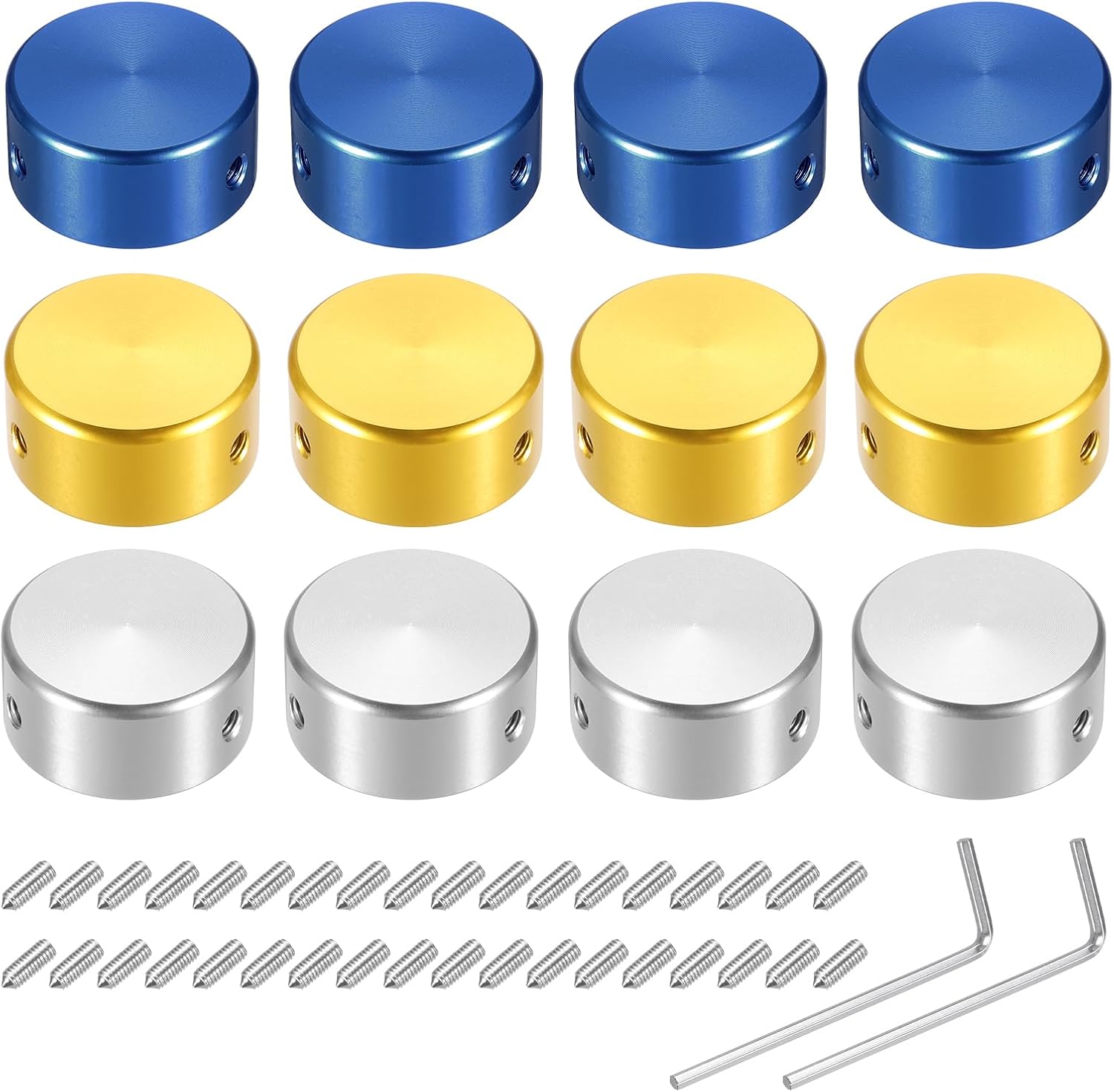 MECCANIXITY 12 Pcs Footswitch Toppers Guitar Pedal Button Caps Metal Footswitch Top Cover 3/8" Multi-Color for Guitar Effects Pedal Buttons, Red, Black, Silver