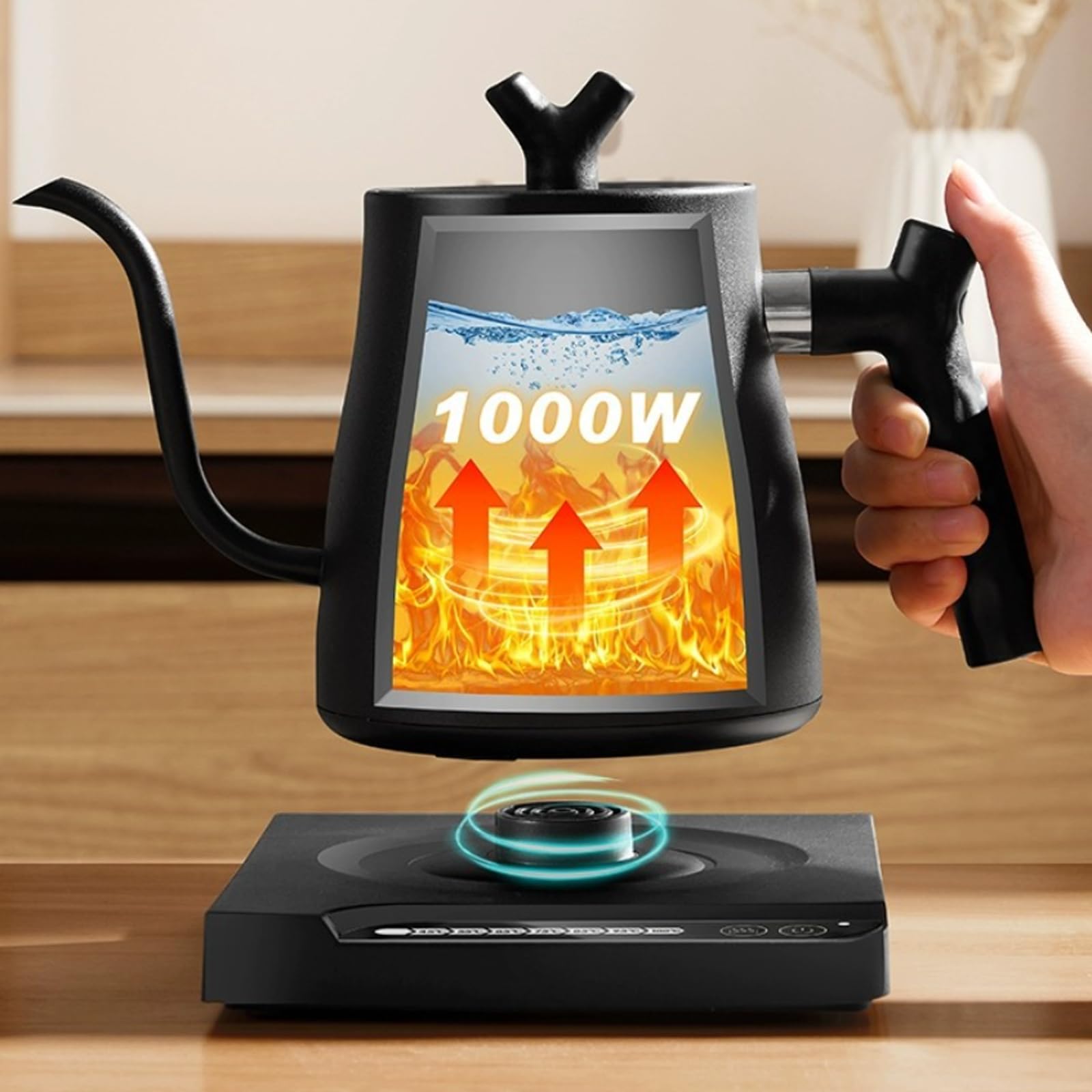 1L Hervidor de agua de acero inoxidable: Hervidor de agua de cuello de cisne, 45-100°C Regulación inteligente de temperatura, 1000W Hervidor eléctrico para el hogar y preparación de café, negro