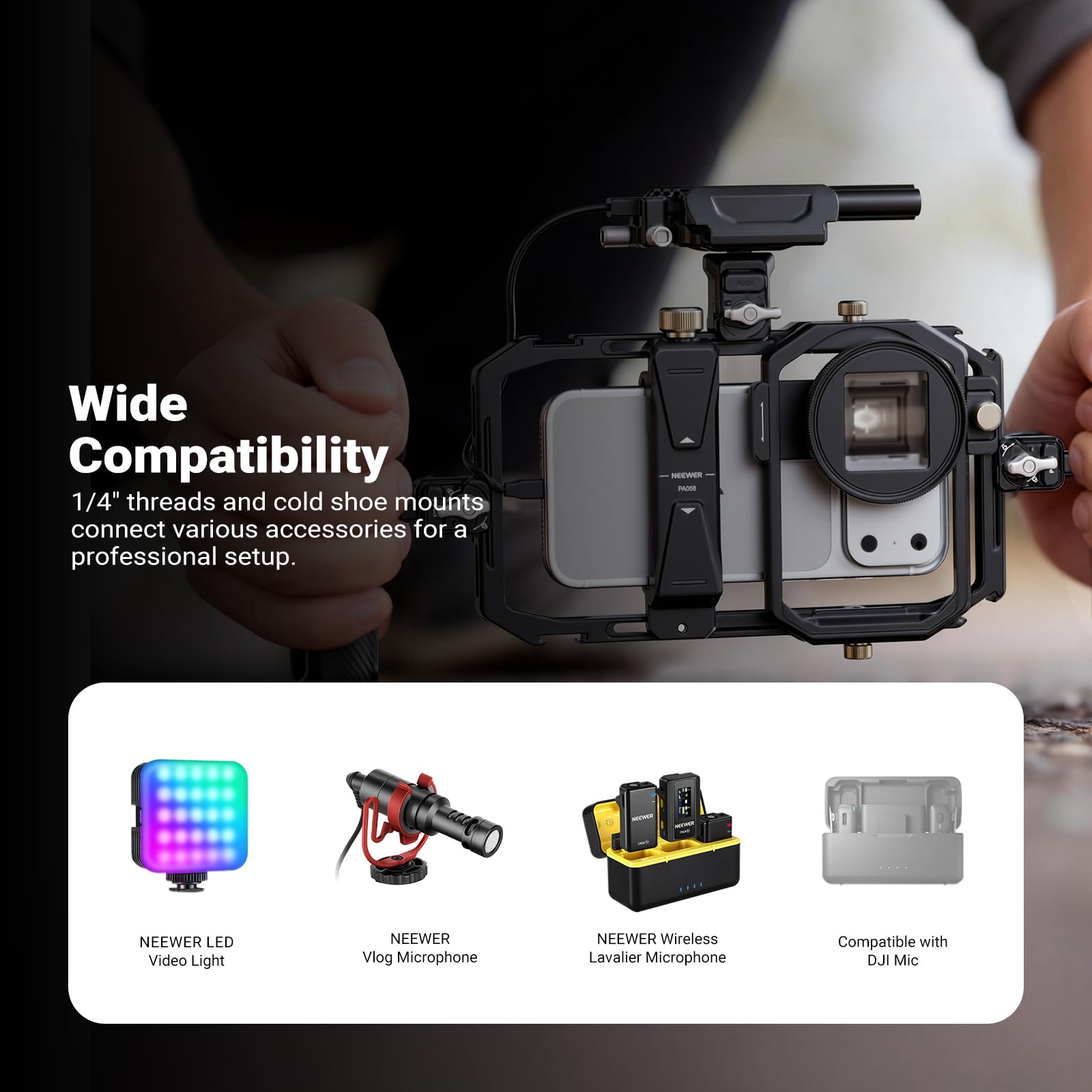 NEEWER PA058 Uniwersalna klatka na telefon stabilizator wideo z adapterem filtra obiektywu 17 mm do 37 mm i 67 mm akcesoria pierścieniowe kompatybilne z iPhone Android Samsung do nagrywania wideo