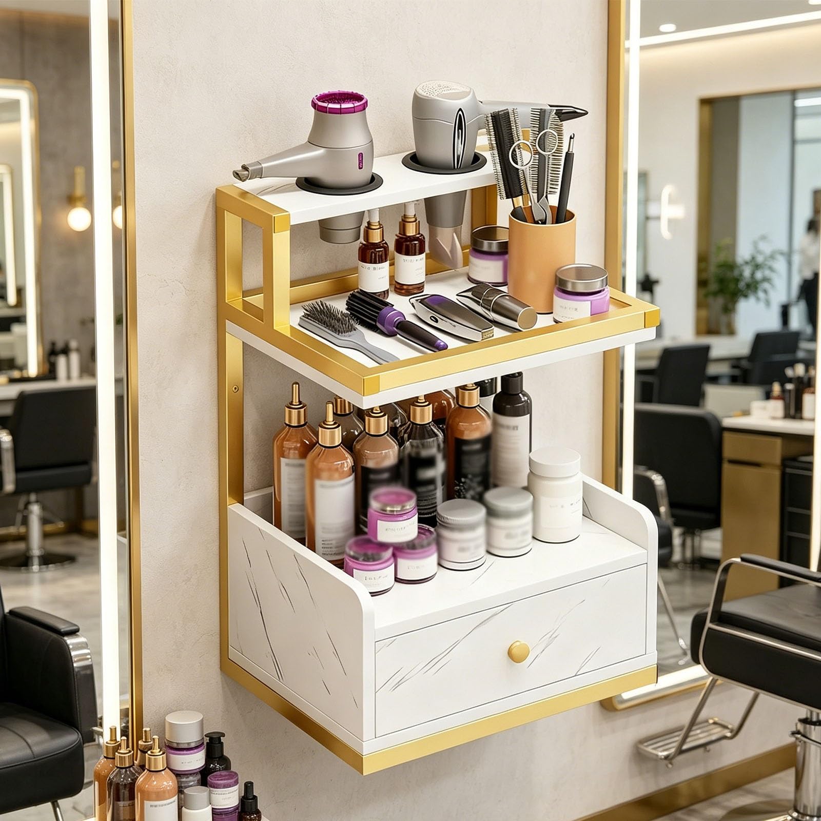 Postazione Da Salone A Parete, Postazione Per Acconciatura Con Cassetti E Struttura In Acciaio, Supporto A Doppio Tubo Per Asciugacapelli, Per Barbierie, Centri Estetici(B)