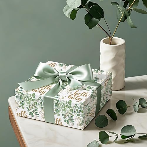 Miniatura 7 de WRAPAHOLIC Papel de regalo neutro para baby shower, mini rollo, 17 pulgadas x 16.5 pies, papel de regalo verde salvia de eucalipto Hello Baby para