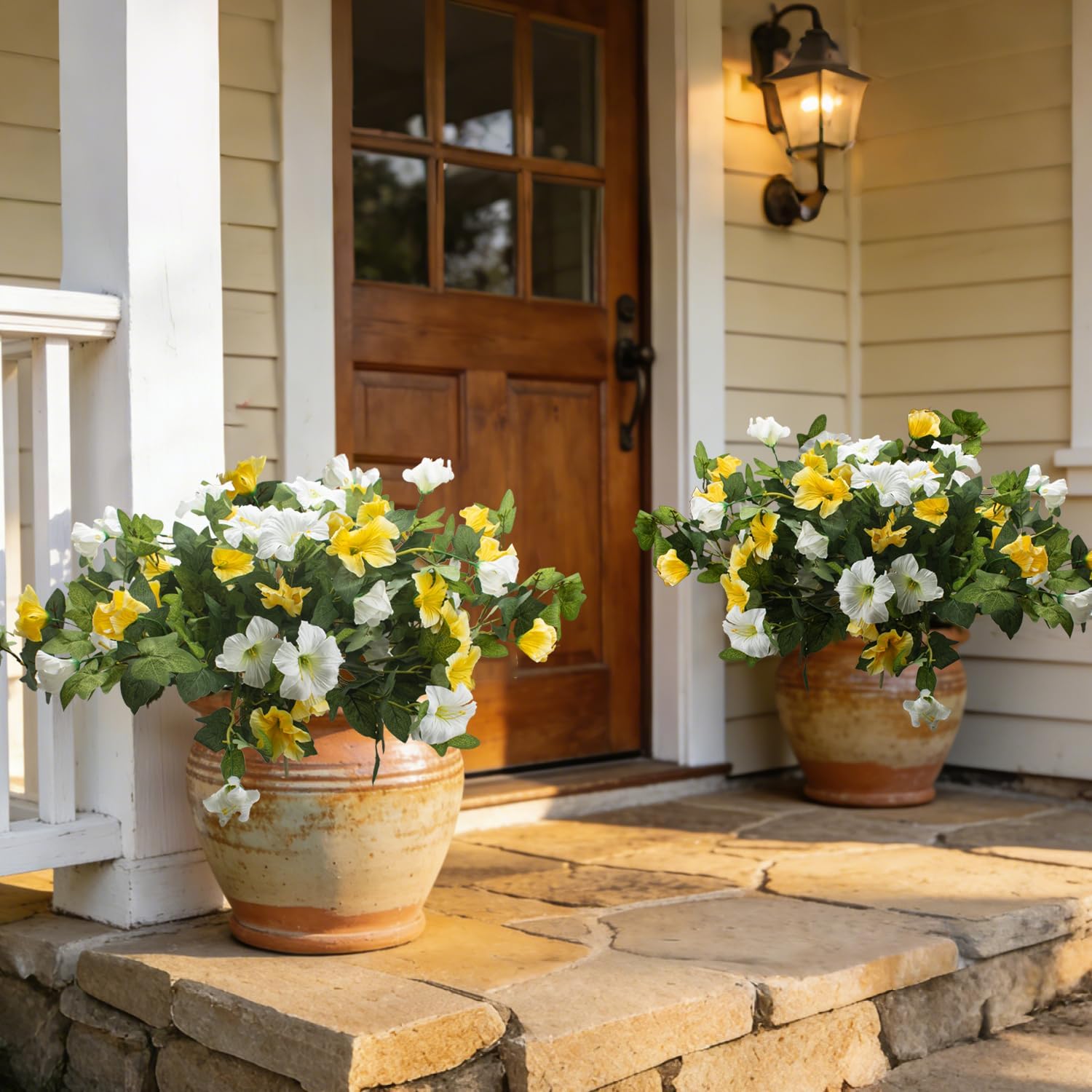 Grunyia Artificial Faux Petunias Silk Flowers for Outdoor Decoration, UV Resistant No Fade, Purple and White, 2 Pack, for Home Garden Balcony Yard Porch Indoor Decor (White+Yellow)