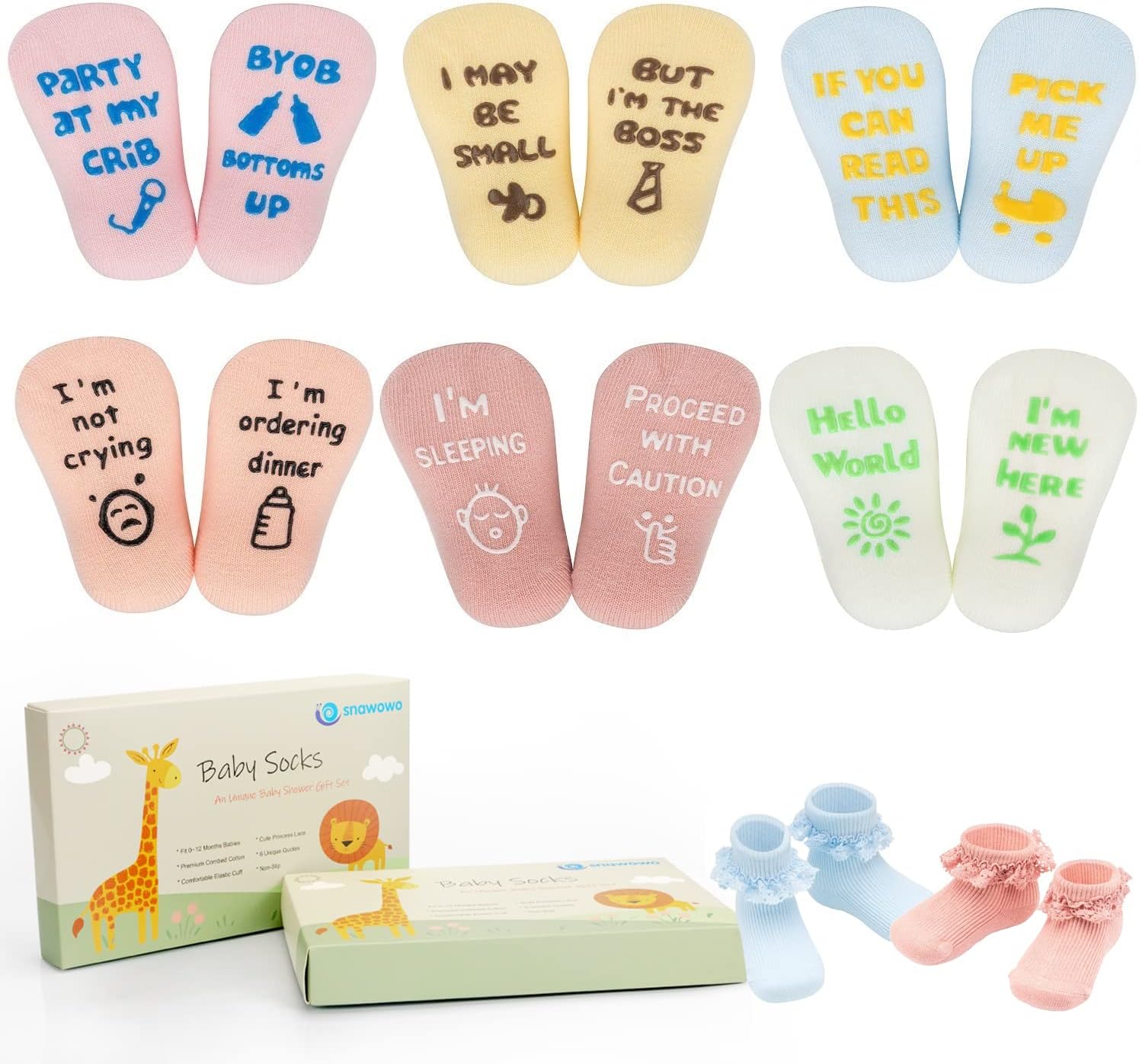 snawowo Funny Newborn Baby Socks with Grip, Cute Gender Neutral Gift for Baby Shower Registry Search, Non Slip Infant Socks