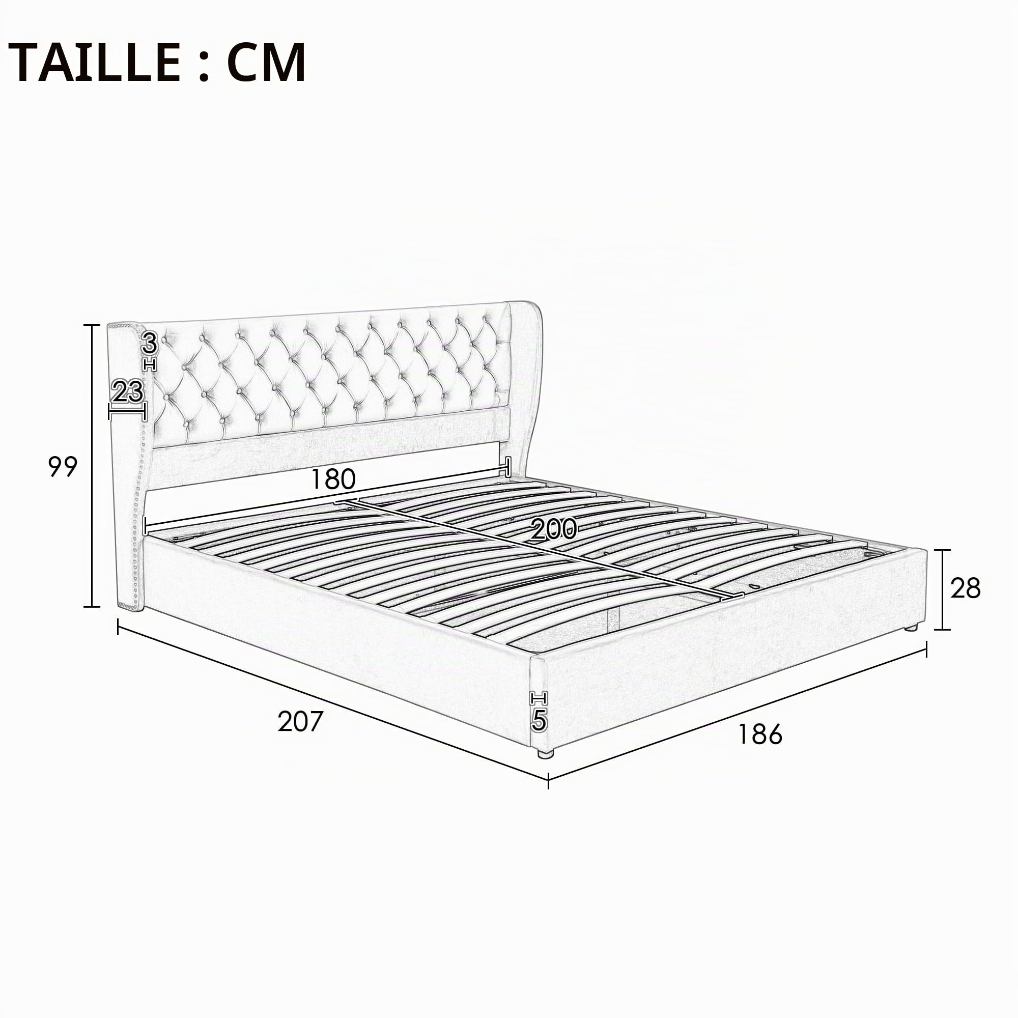 Zepneiy Lit 180x200 avec Sommier à Lattes, Lit Coffre Rembourré 180x200 en Forme d'oreille avec hydraulique Espace de Rangement, Cadre de en Tissu Velours Anti salissures Beige (sans Matelas)