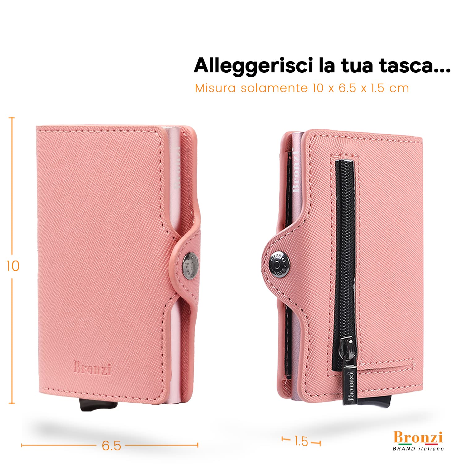 Bronzi Portafoglio Porta Carte Credito - Portafoglio Donna Slim Portacarte Donna - Mini Porta Tessere - Protezione RFID - Design Smart Saffiano Rosa