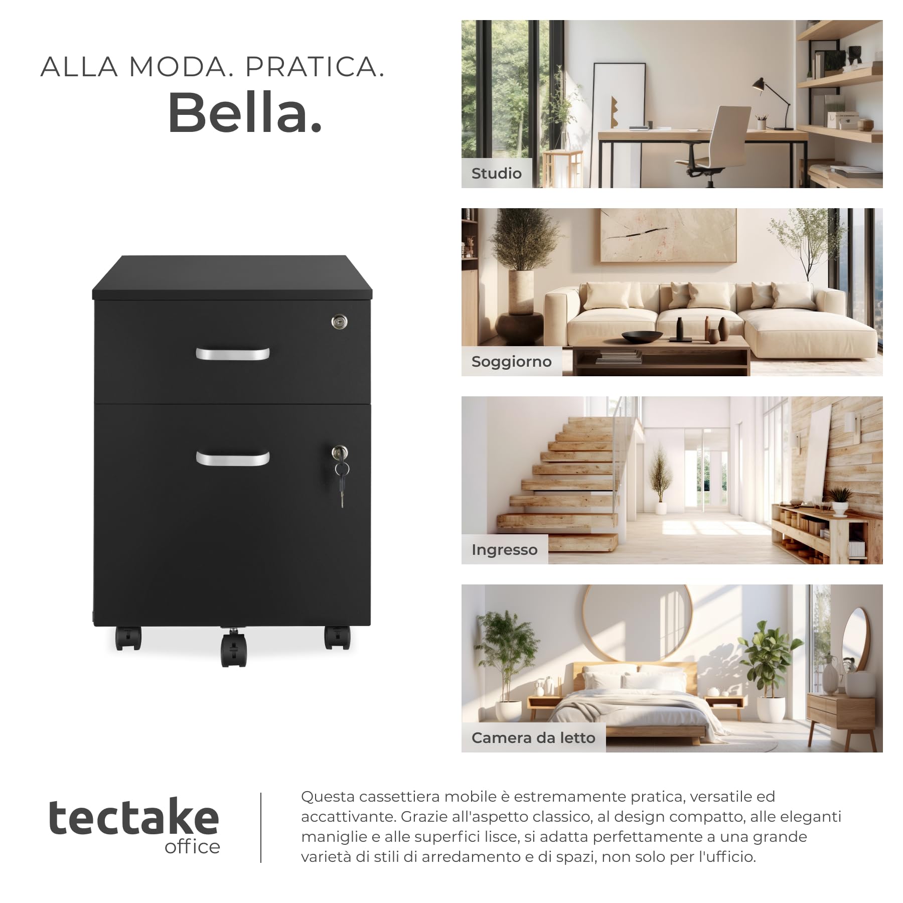 tectake® Cassettiera su Ruote, 2 Cassetti con Serratura per Documenti DIN-A4, Guide Telescopiche Scorrevoli, 5 Ruote Doppie Girevoli e Bloccabili, Maniglie in Metallo, Ufficio Accessori - Nero
