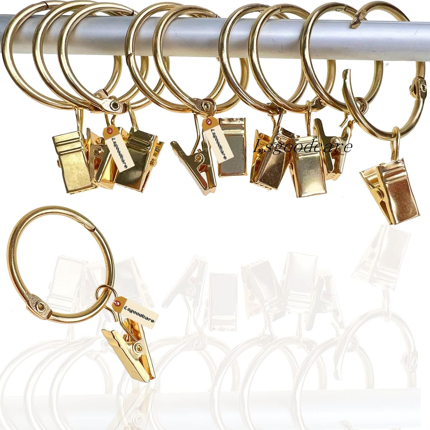 Lsgoodcare Openable Curtain Clips with Rings Gold 1.26inch, 40Pack Strong Metal Decorative Curtain Clip, Rustproof Drapery Opening Clip Rings