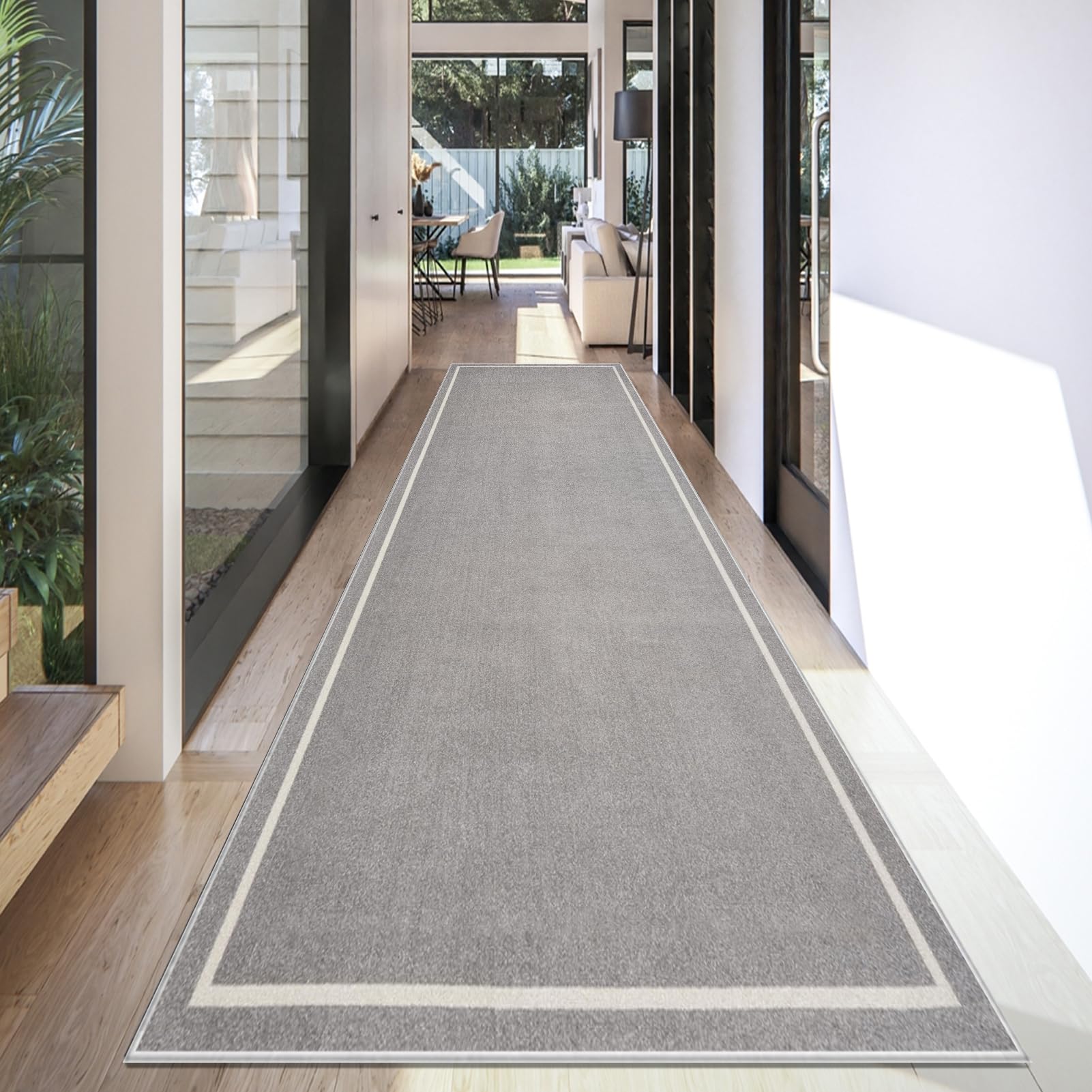 Long Runner Rugs for Hallways Non Slip Grey Hallway Runner 120 x 450 cm Washable Carpet Runner for Kitchen, Heavy Duty Hall Runner Door Mat Absorbent Area Rug Low Pile Floor Carpet for Kitchen