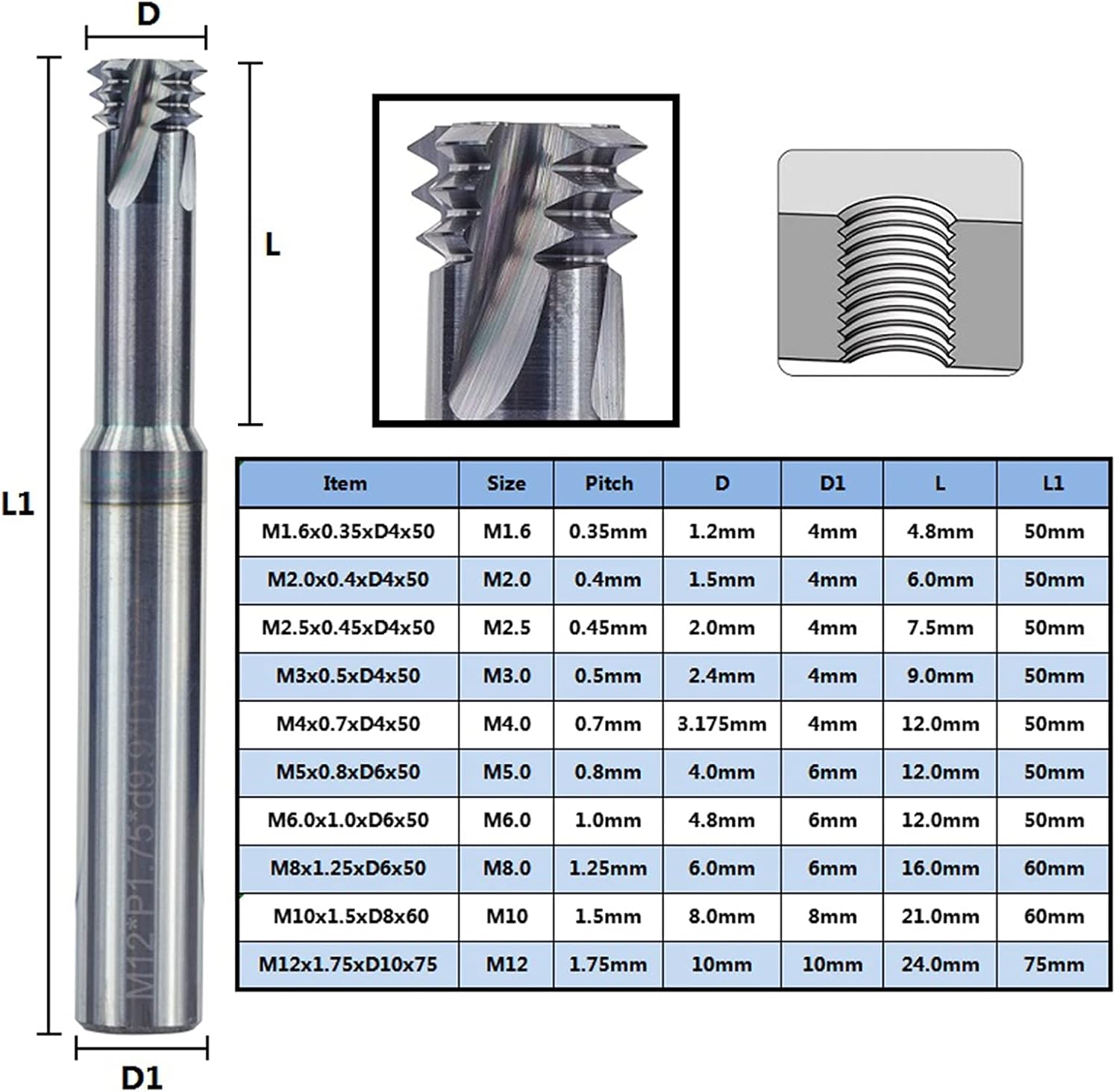 Cutting Milling Cutter, 3-Tooth Metric 60°Tungsten Steel Thread Milling Cutter, M6.0x1.0xd6x50 - Image 3